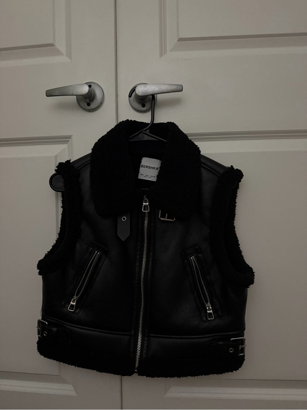 Bershka Black Faux Leather Sherpa-Trim Vest